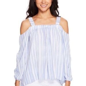 𝅺VINCE CAMUTO Sleeveless Oversized Off Shoulder Striped Blouse Blue White XS